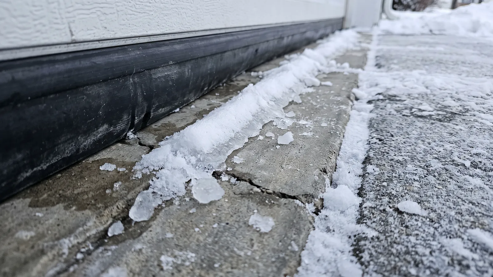 Bottom rubber weather seal of a garage door pressed against a concrete threshold with packed snow and ice along the edge