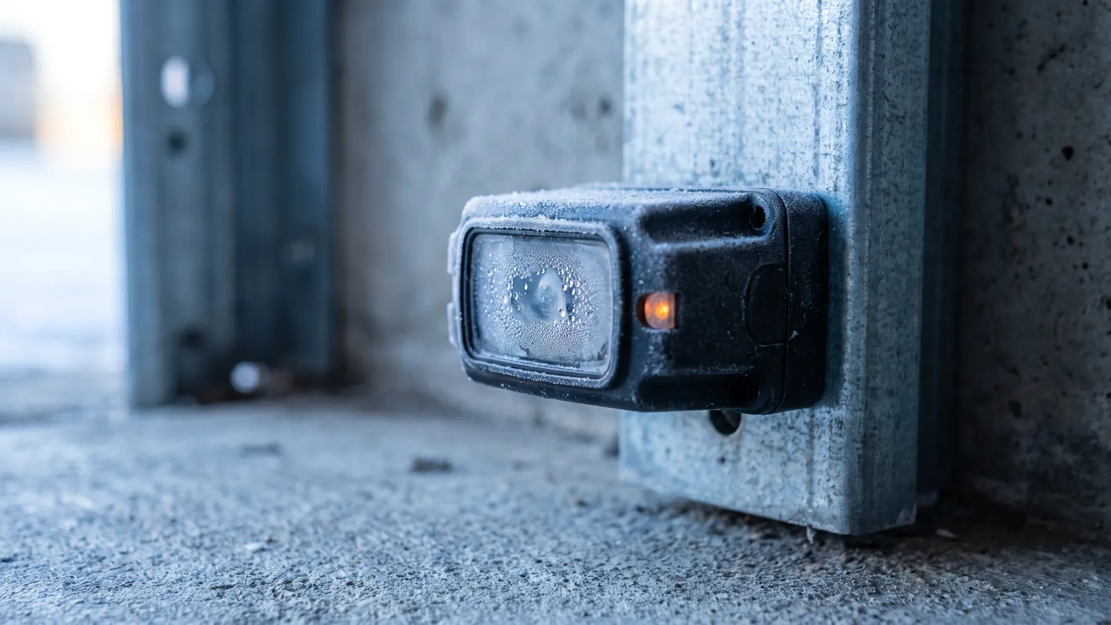 Garage door photo-eye safety sensor mounted low on the track with frost and condensation beading on its lens, indicator light glowing