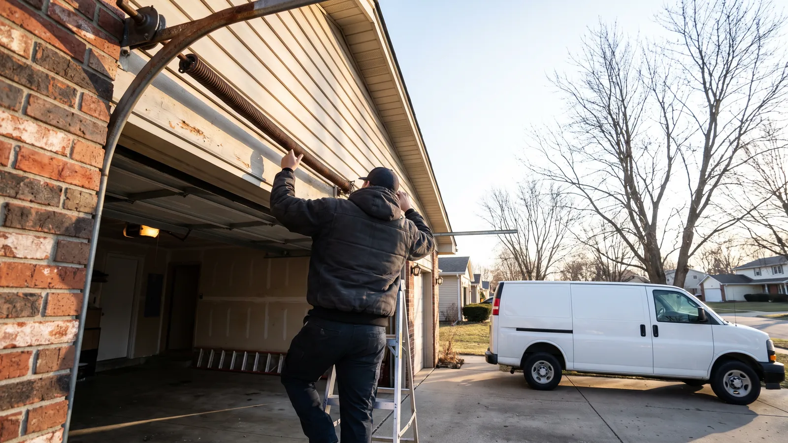 Garage door technician on a step ladder winding a torsion spring above an open two-car garage of a brick and siding home in Kansas City, Kansas, service van in the driveway on a cold clear morning